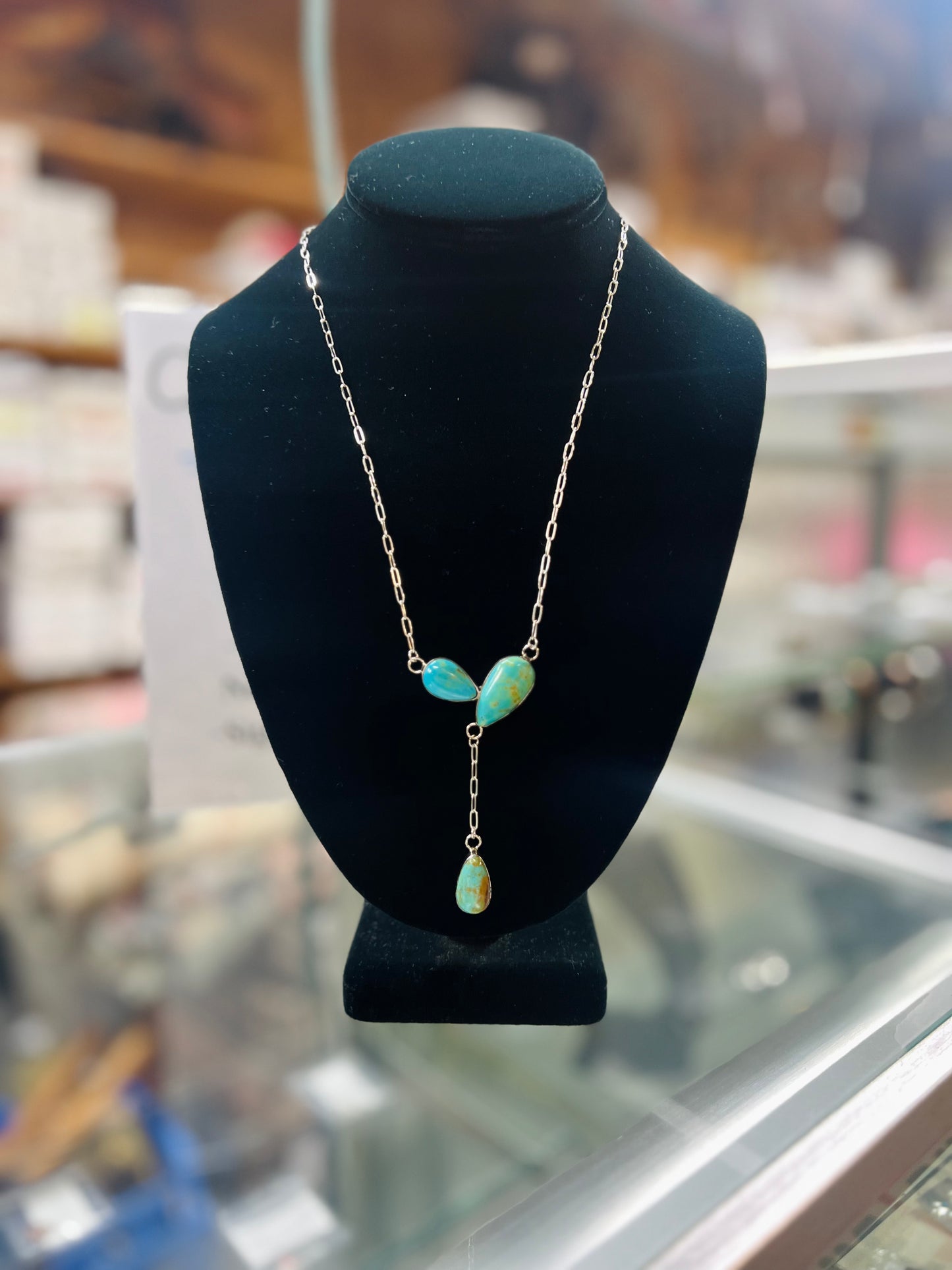 Kingman Turquoise 3 Stone Dangle Necklace
