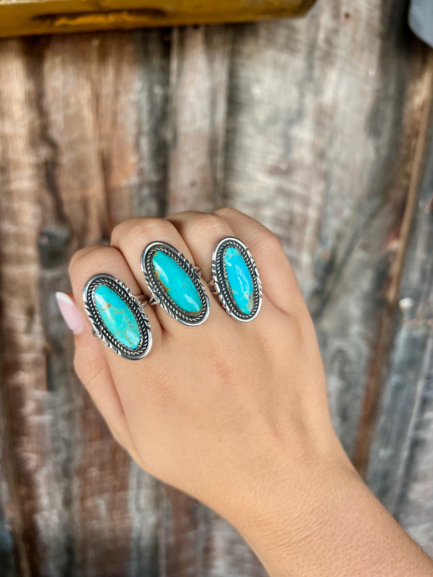 Oval Kingman Turquoise Ring with Stamped Border