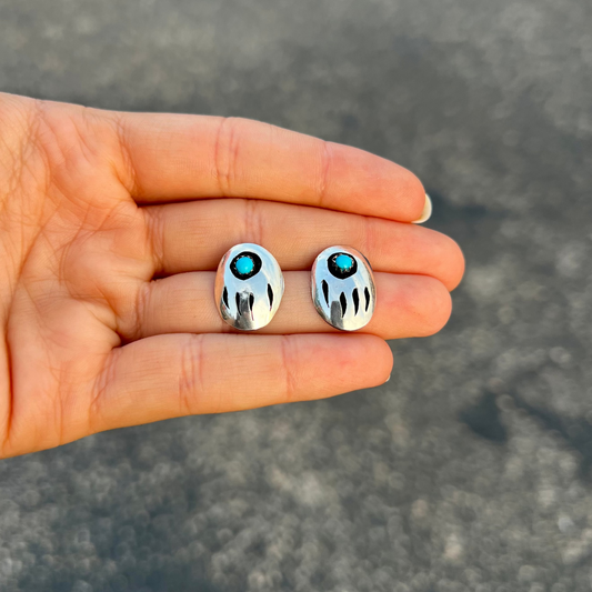 Genuine Turquoise Bear Paw Shadowbox Sterling Silver Stud Earrings