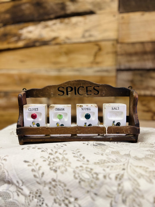 Vintage Spice Shakers and Spice Rack - Chickens