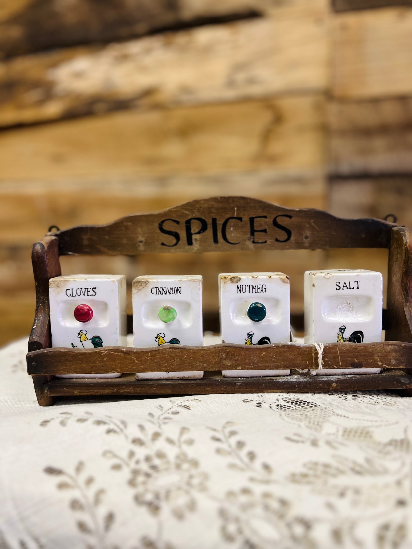 Vintage Spice Shakers and Spice Rack - Chickens