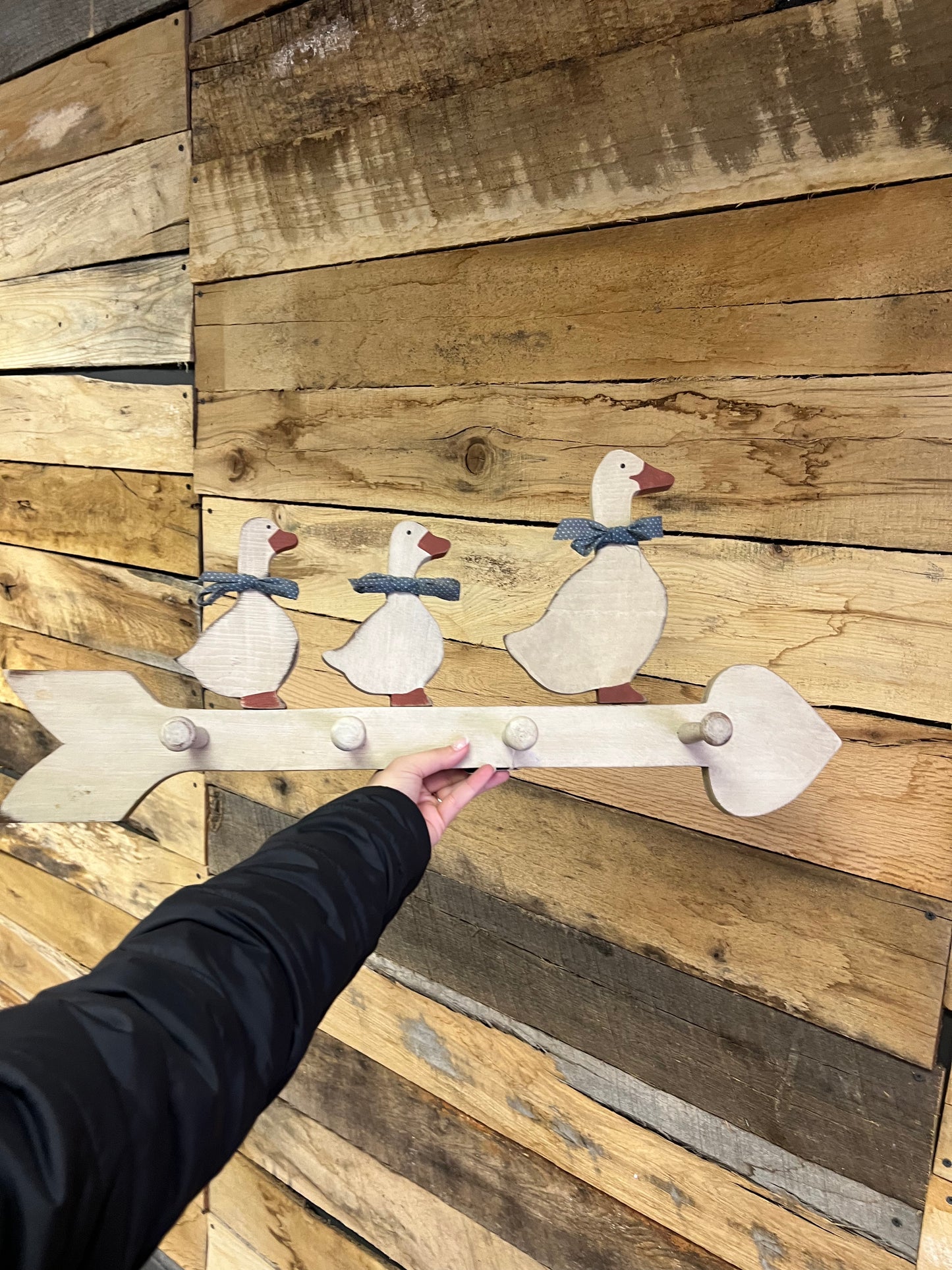 Vintage Wooden Arrow Shelf with Three Geese