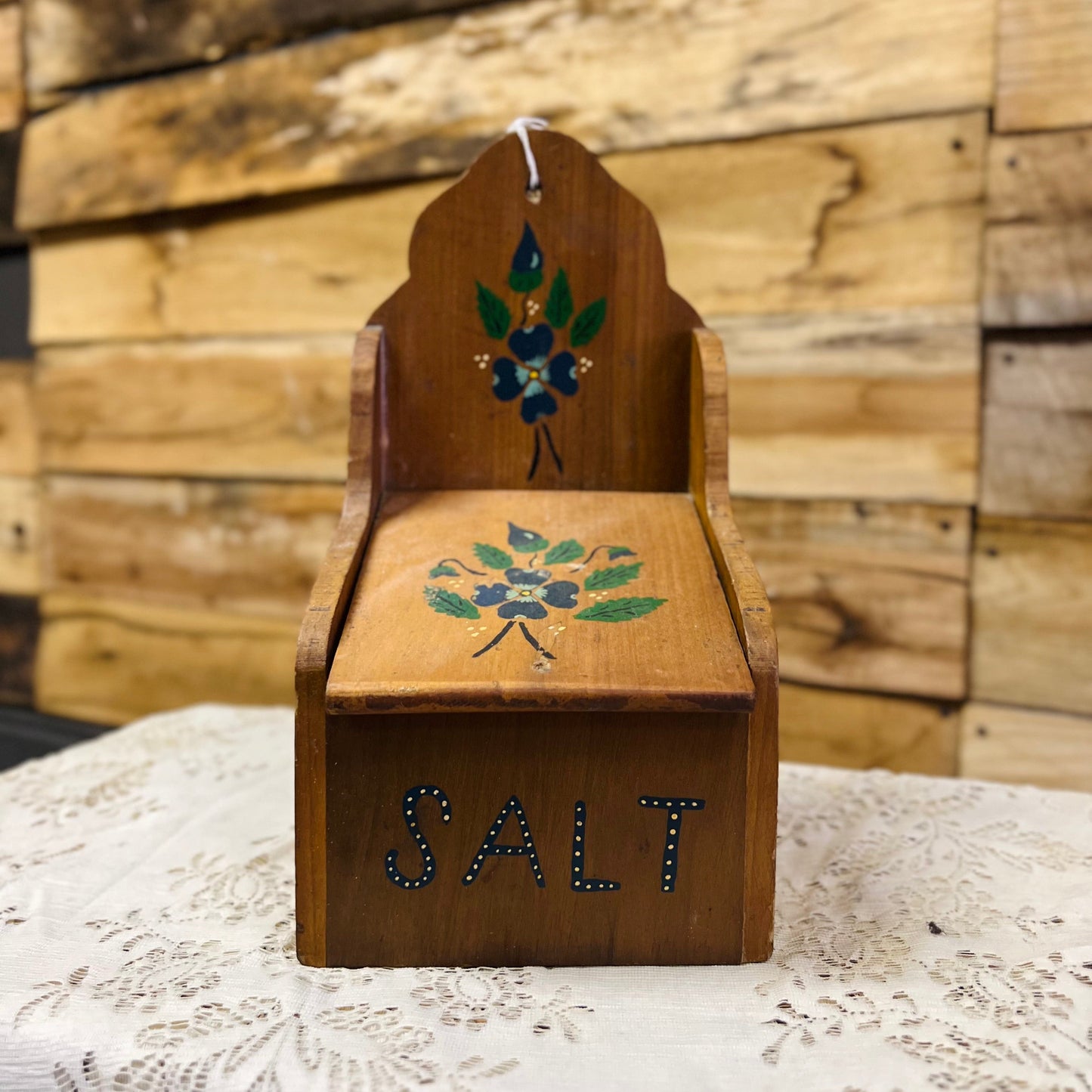 Vintage Hand Painted Wooden Salt Box with Flip Lid