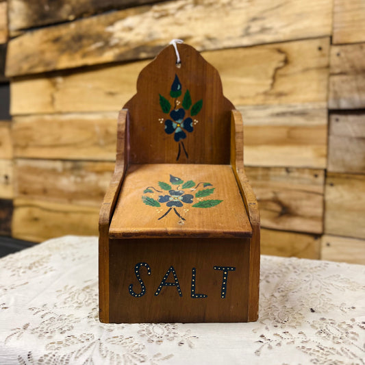 Vintage Hand Painted Wooden Salt Box with Flip Lid