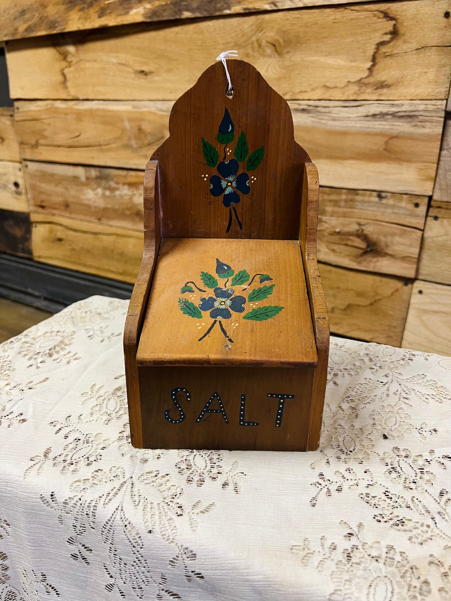 Vintage Hand Painted Wooden Salt Box with Flip Lid