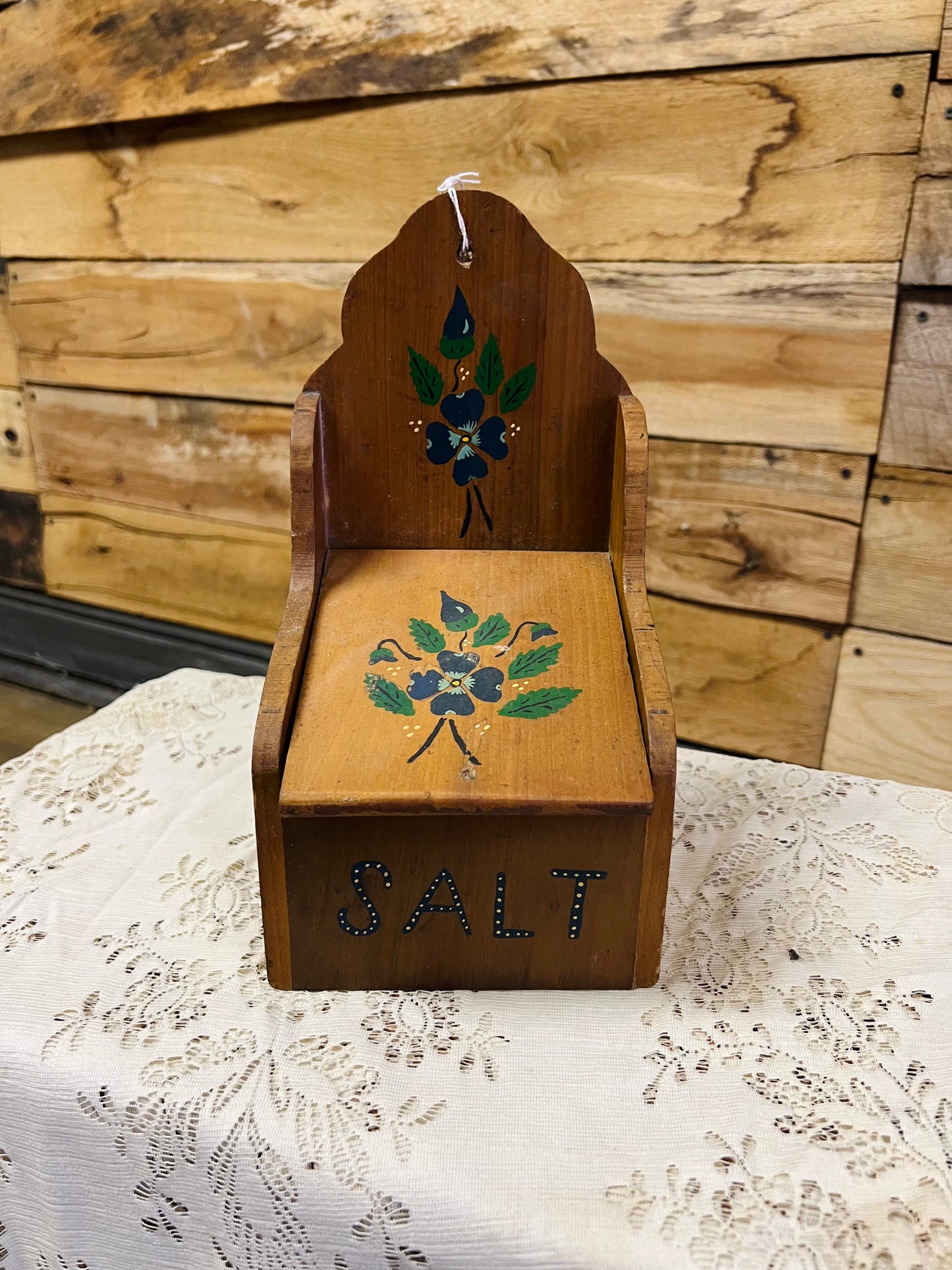 Vintage Hand Painted Wooden Salt Box with Flip Lid