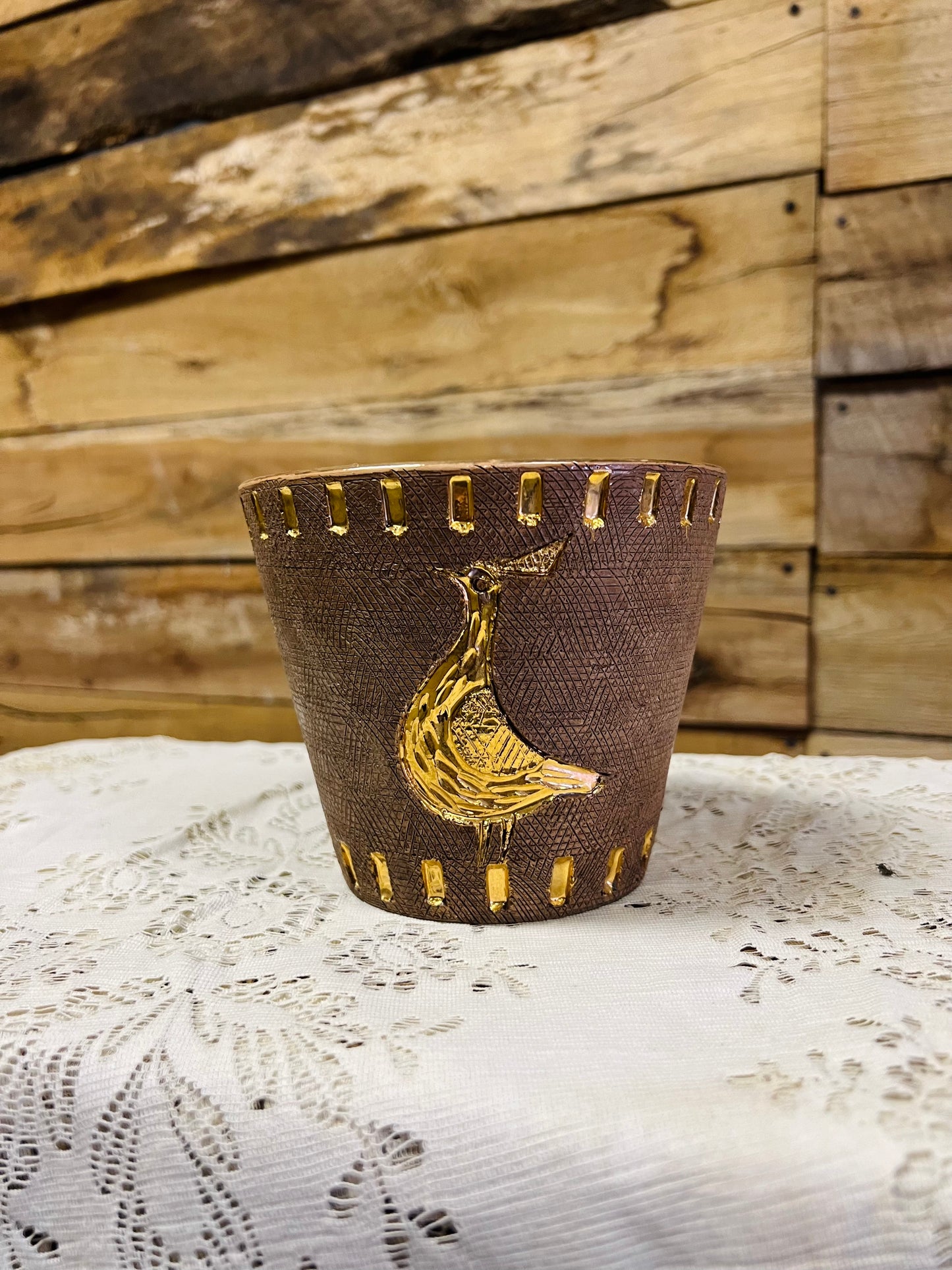 Vintage 1960s Brown Planter with Gold Bird
