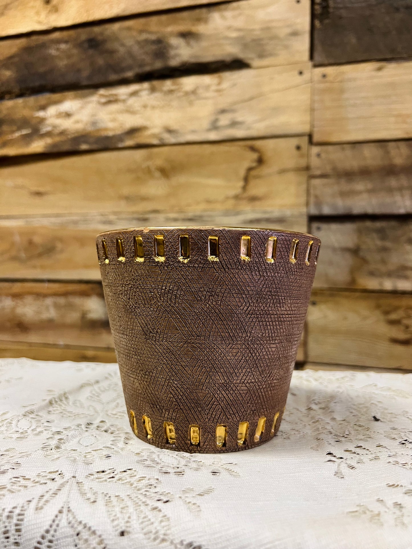 Vintage 1960s Brown Planter with Gold Bird