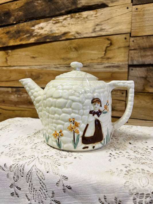 Vintage Porcelier Cobblestone China Teapot with Girl & Flowers