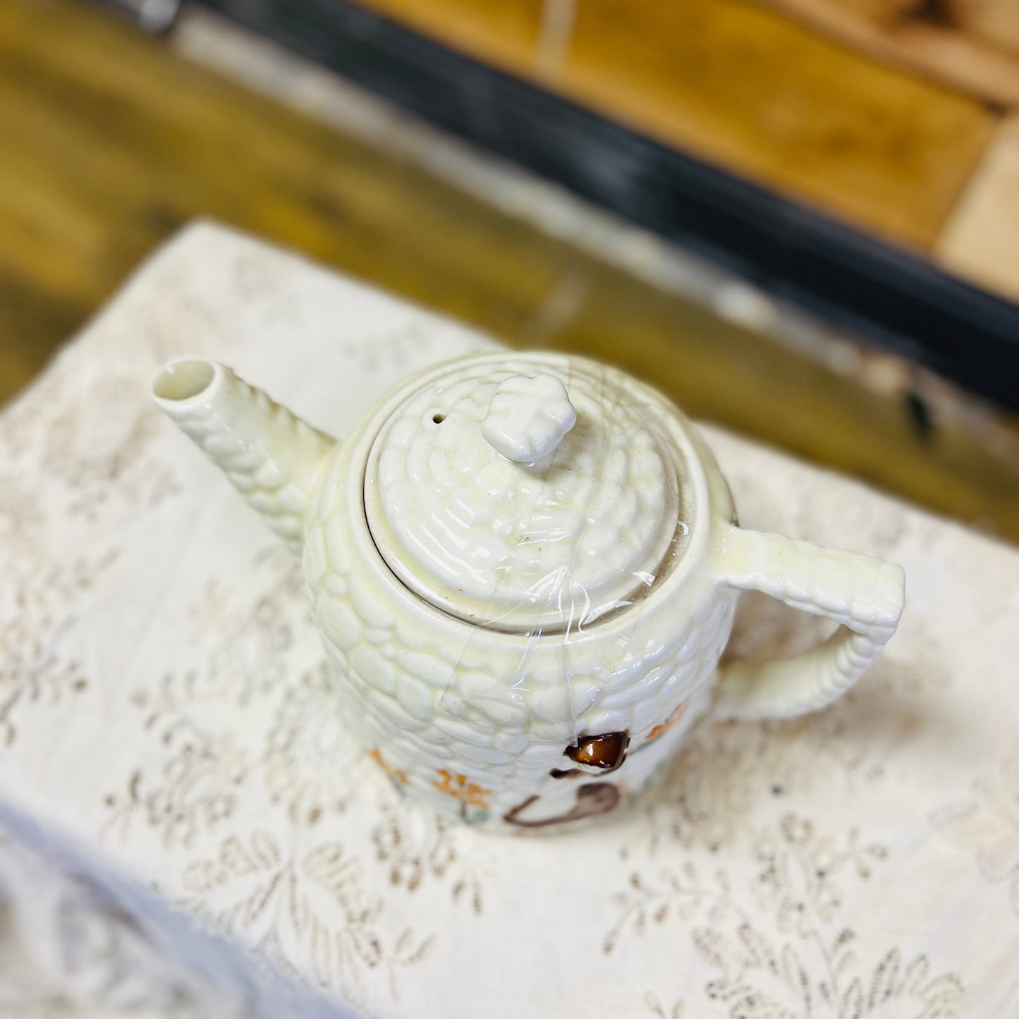 Vintage Porcelier Cobblestone China Teapot with Girl & Flowers