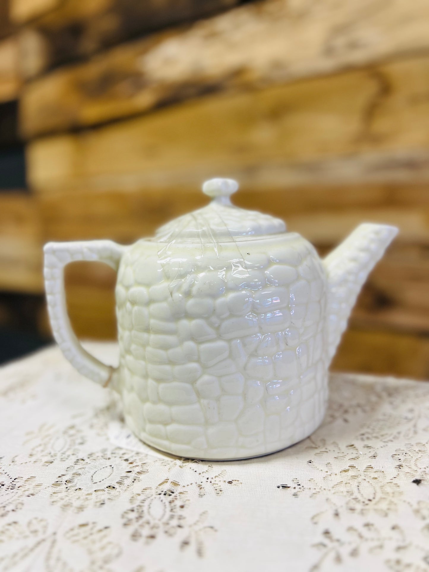 Vintage Porcelier Cobblestone China Teapot with Girl & Flowers