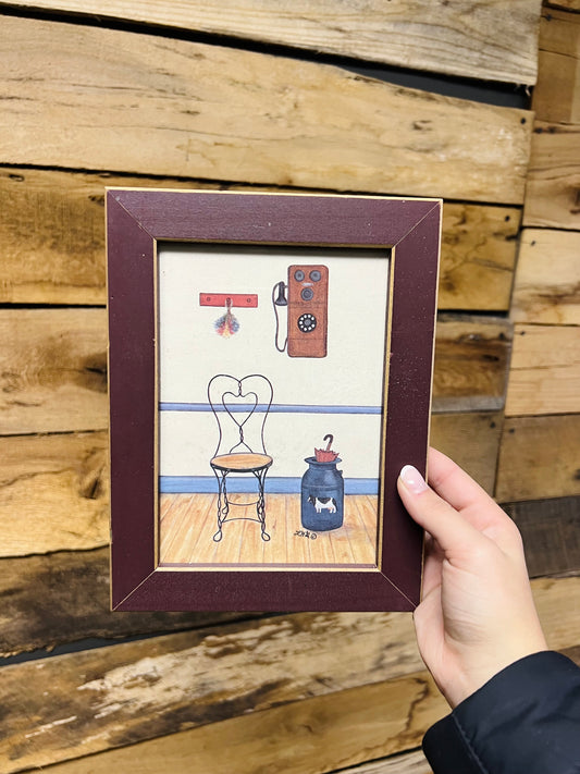 Vintage Framed Print - Chair, Telephone, Milk Can