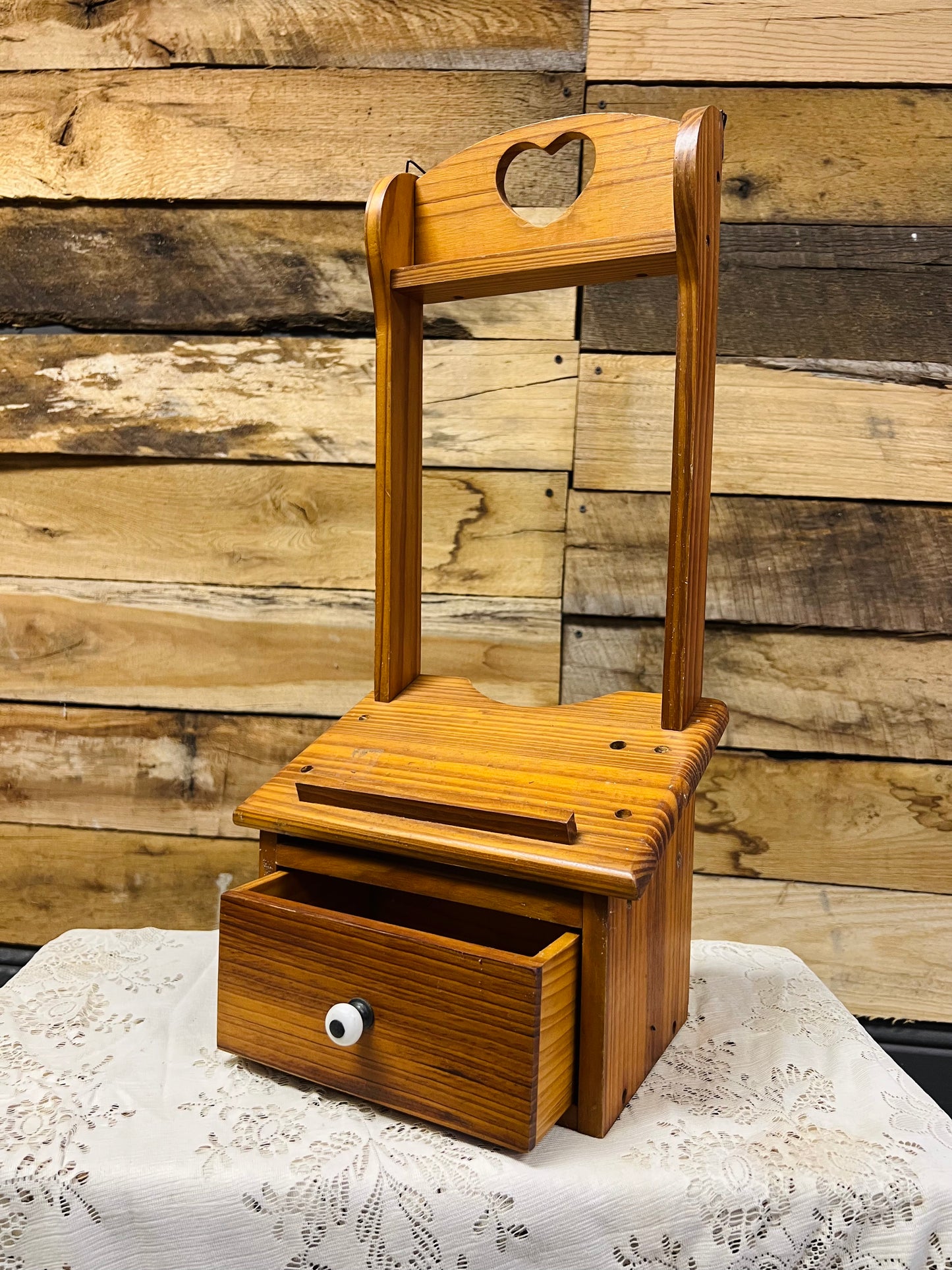 Vintage Wooden Heart Hanging Notepad Table with Drawer