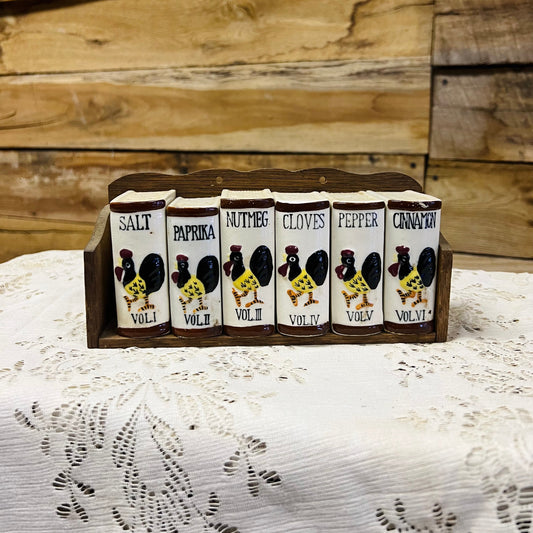 Vintage Ceramic Rooster Spice Shaker Set with Spice Rack