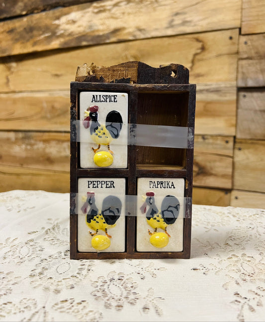 Vintage Ceramic Rooster Spice Shakers and Wooden Rack