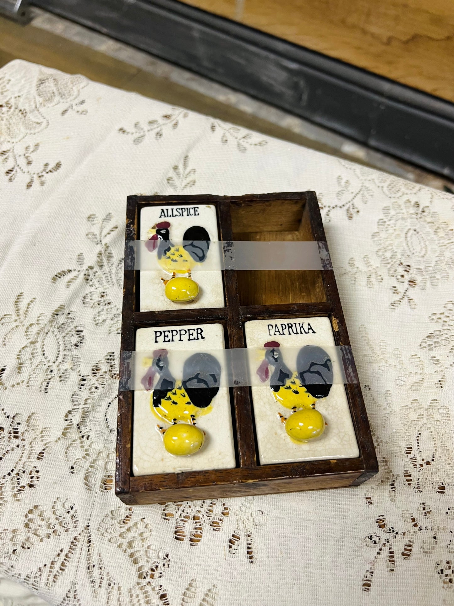 Vintage Ceramic Rooster Spice Shakers and Wooden Rack