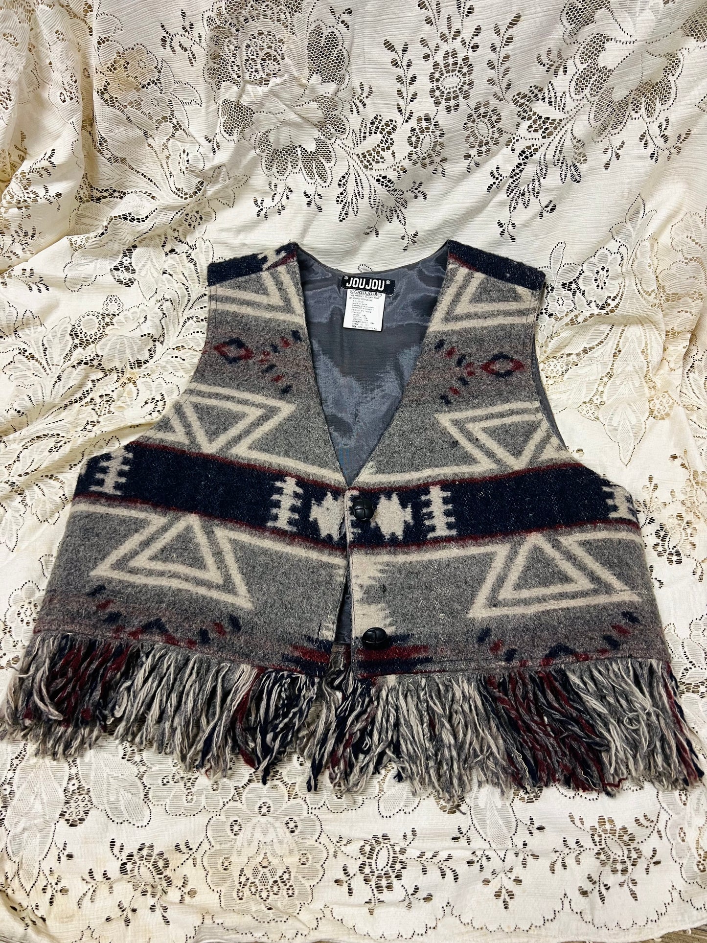 Vintage JouJou Southwestern Fringed Wool Blend Vest - Navy Aztec Print