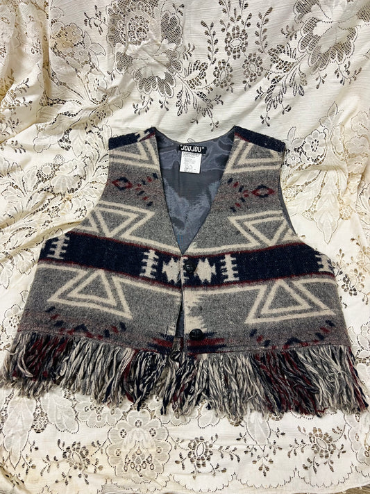 Vintage JouJou Southwestern Fringed Wool Blend Vest - Navy Aztec Print