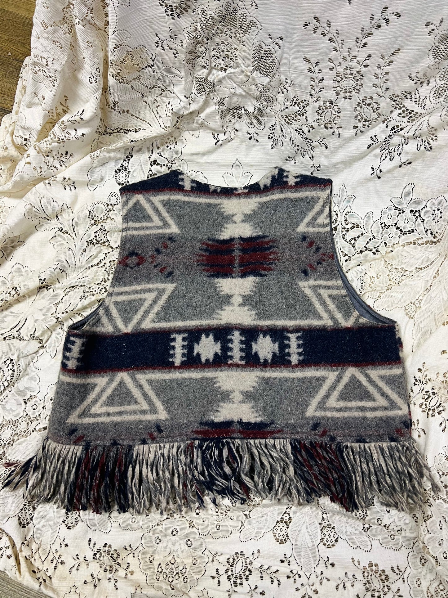 Vintage JouJou Southwestern Fringed Wool Blend Vest - Navy Aztec Print