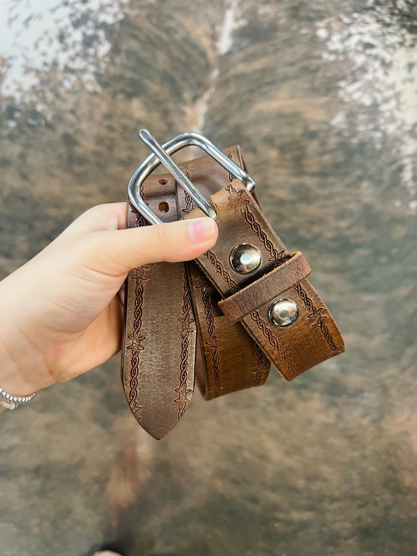 Genuine Leather Belt with Wire Detail and Stainless Steel Buckle - Amish Made