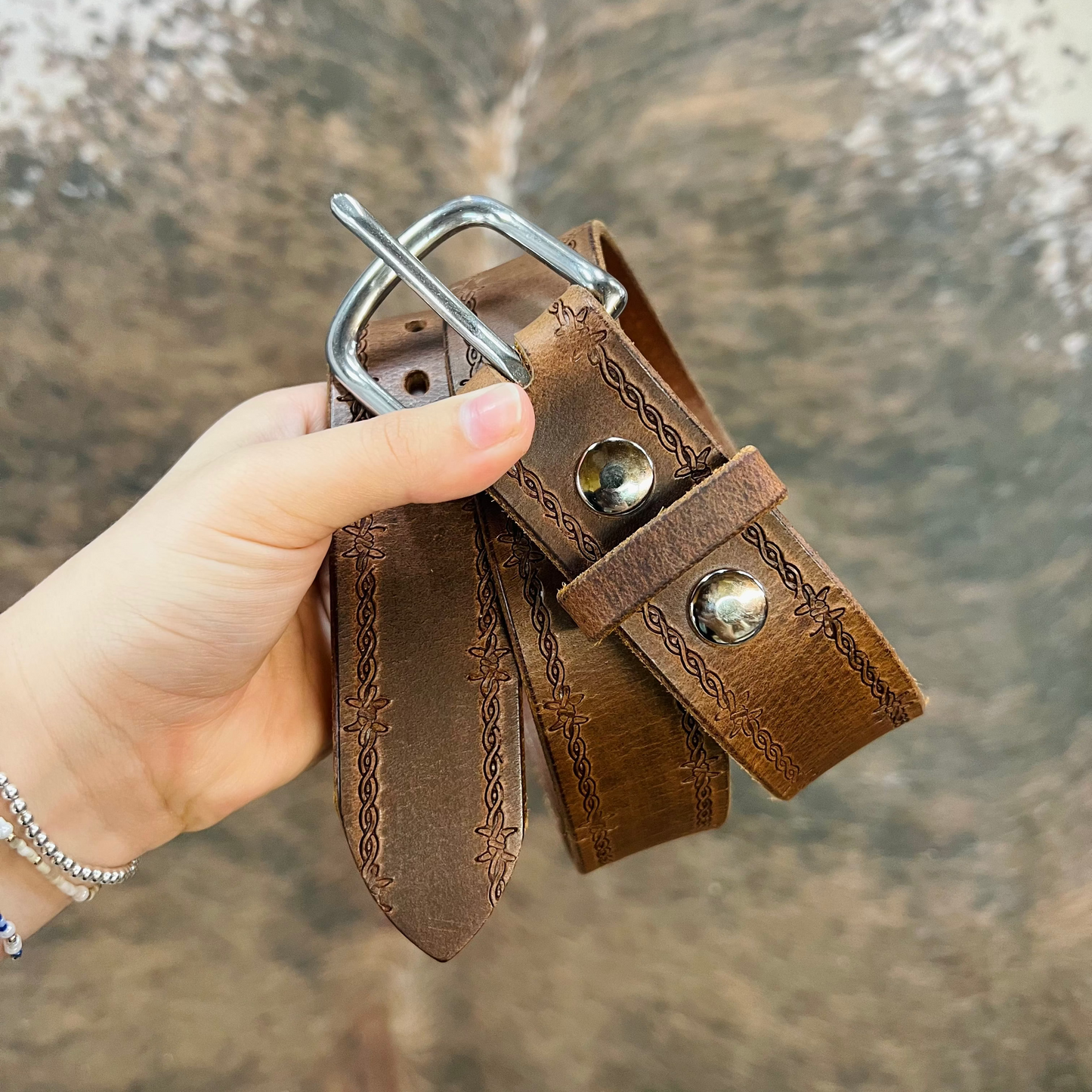 Genuine Leather Belt with Wire Detail and Stainless Steel Buckle - Amish Made