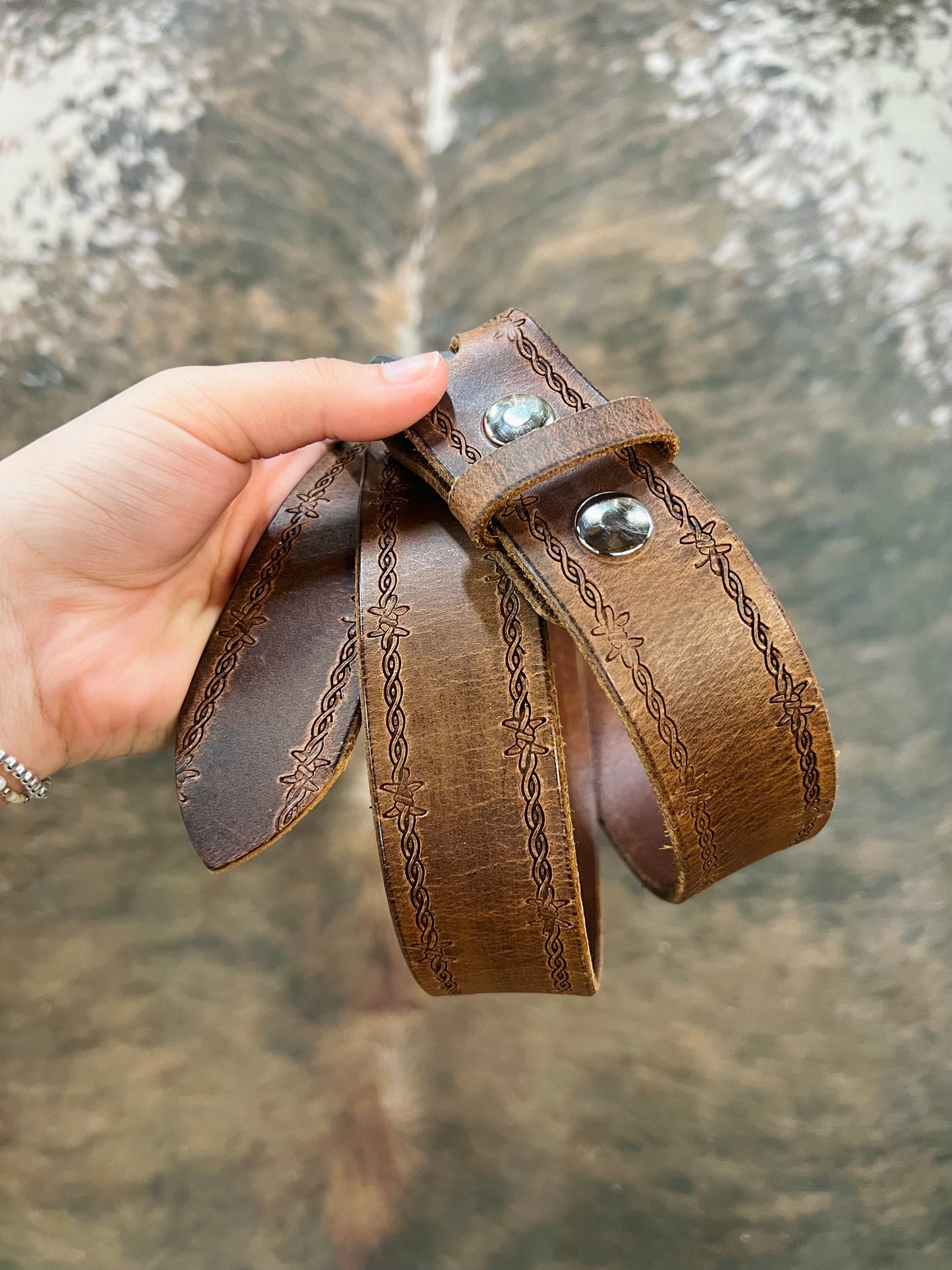 Genuine Leather Belt with Wire Detail and Stainless Steel Buckle - Amish Made