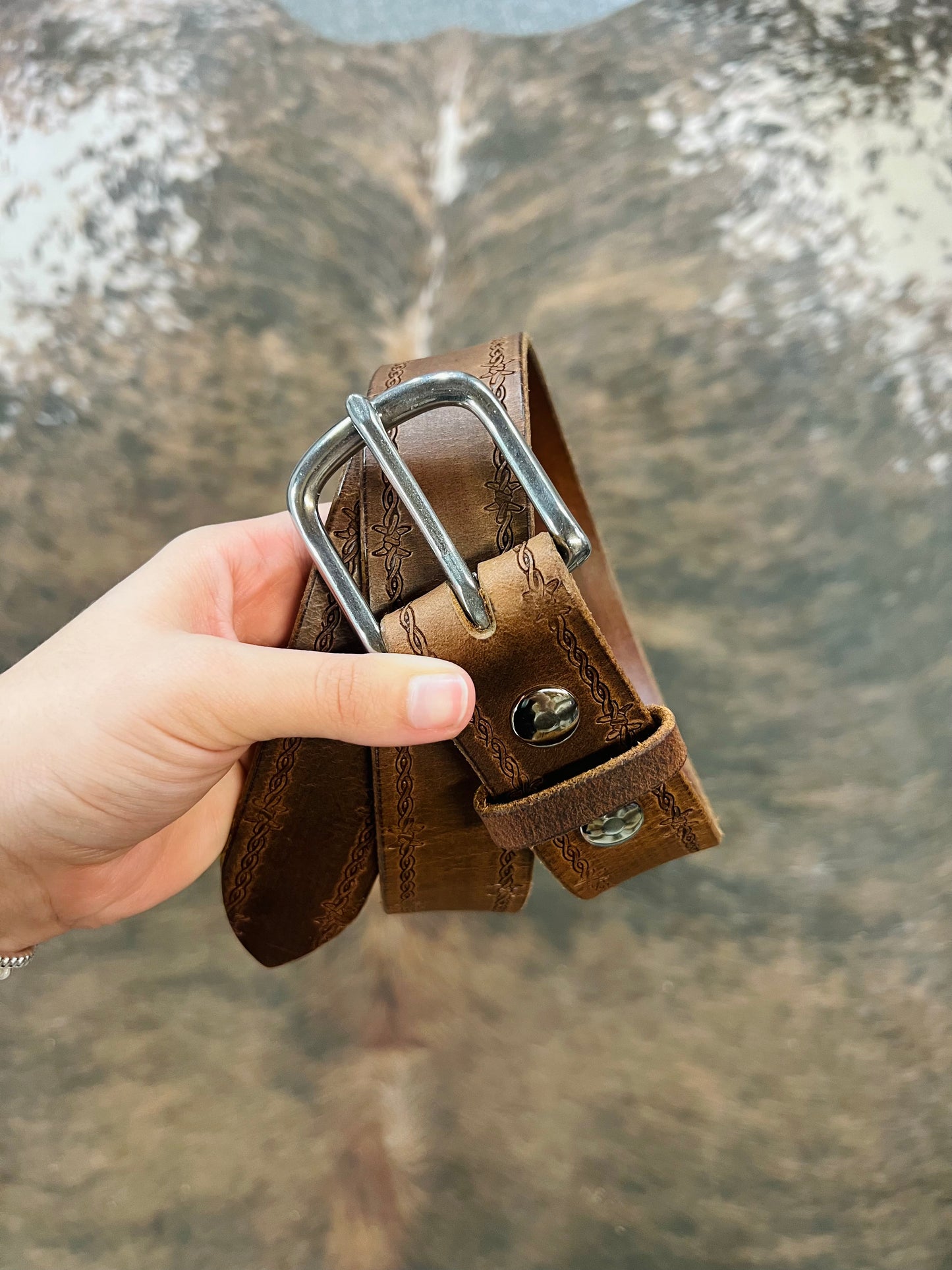 Genuine Leather Belt with Wire Detail and Stainless Steel Buckle - Amish Made