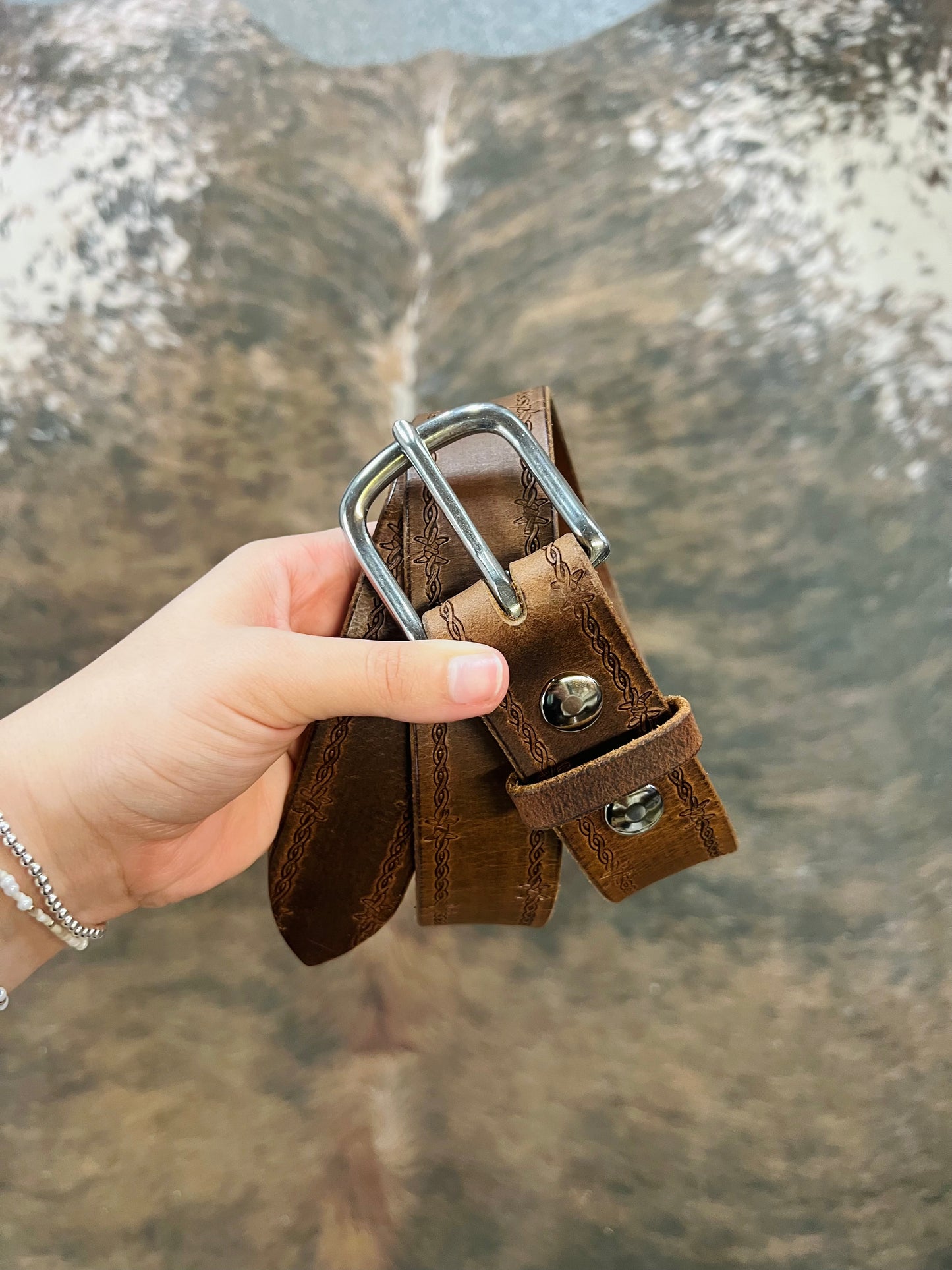 Genuine Leather Belt with Wire Detail and Stainless Steel Buckle - Amish Made