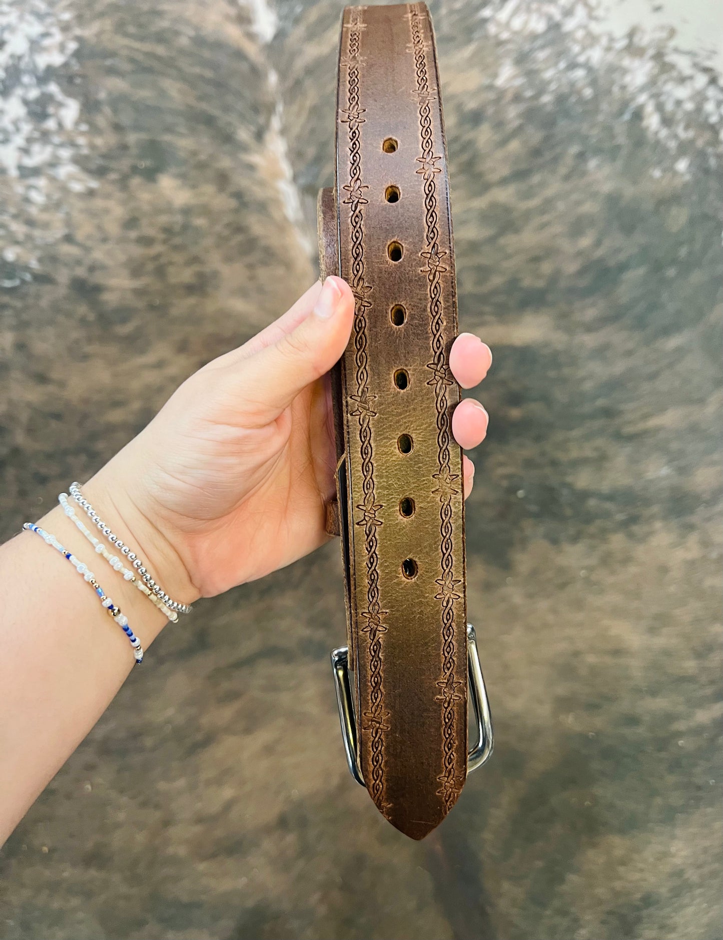 Genuine Leather Belt with Wire Detail and Stainless Steel Buckle - Amish Made