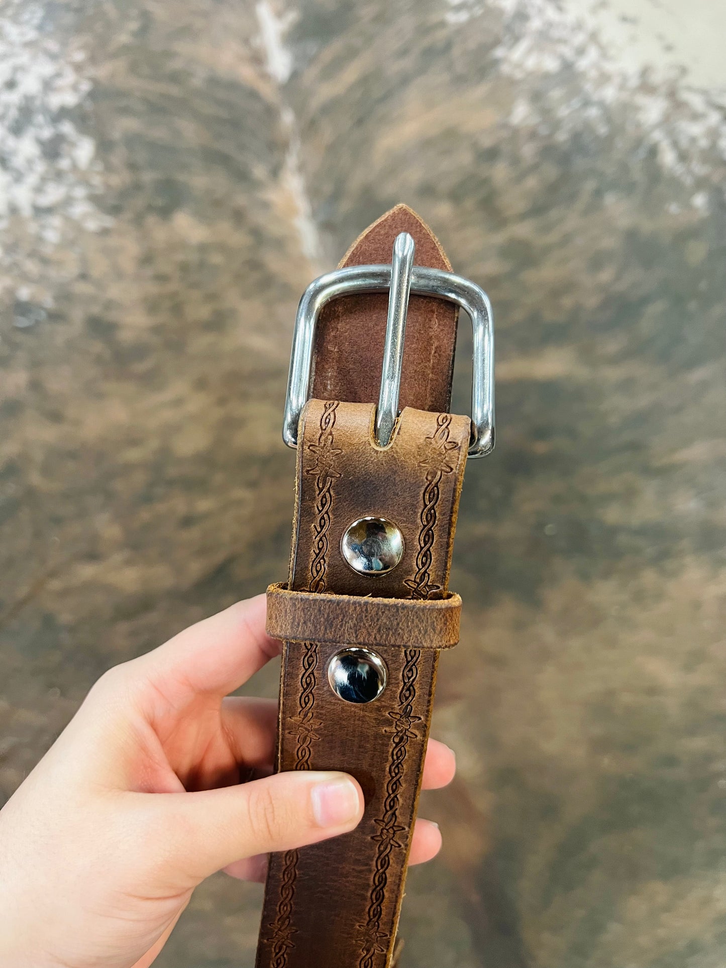 Genuine Leather Belt with Wire Detail and Stainless Steel Buckle - Amish Made