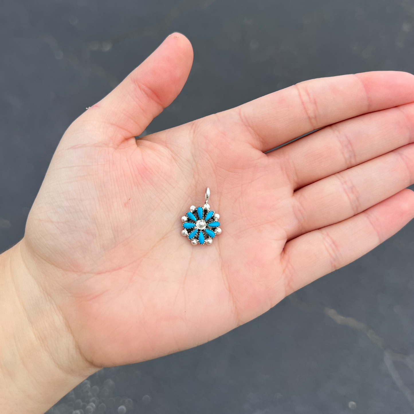 Genuine Turquoise Sterling Silver Petti Point Flower Pendant