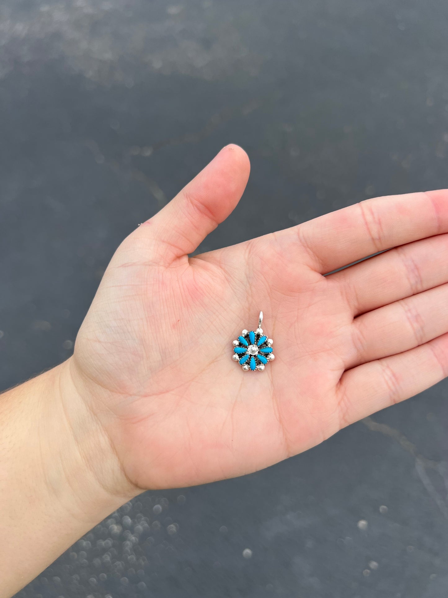 Genuine Turquoise Sterling Silver Petti Point Flower Pendant