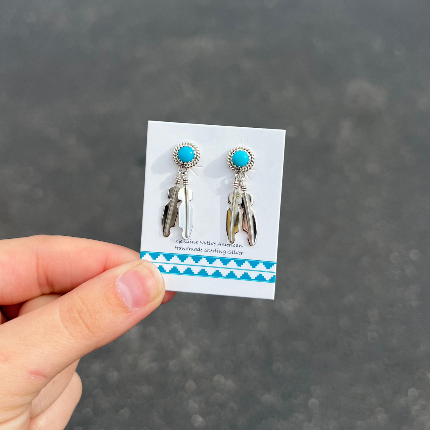 Genuine Kingman Turquoise Round Stud with Sterling Silver Feather Dangle Earrings