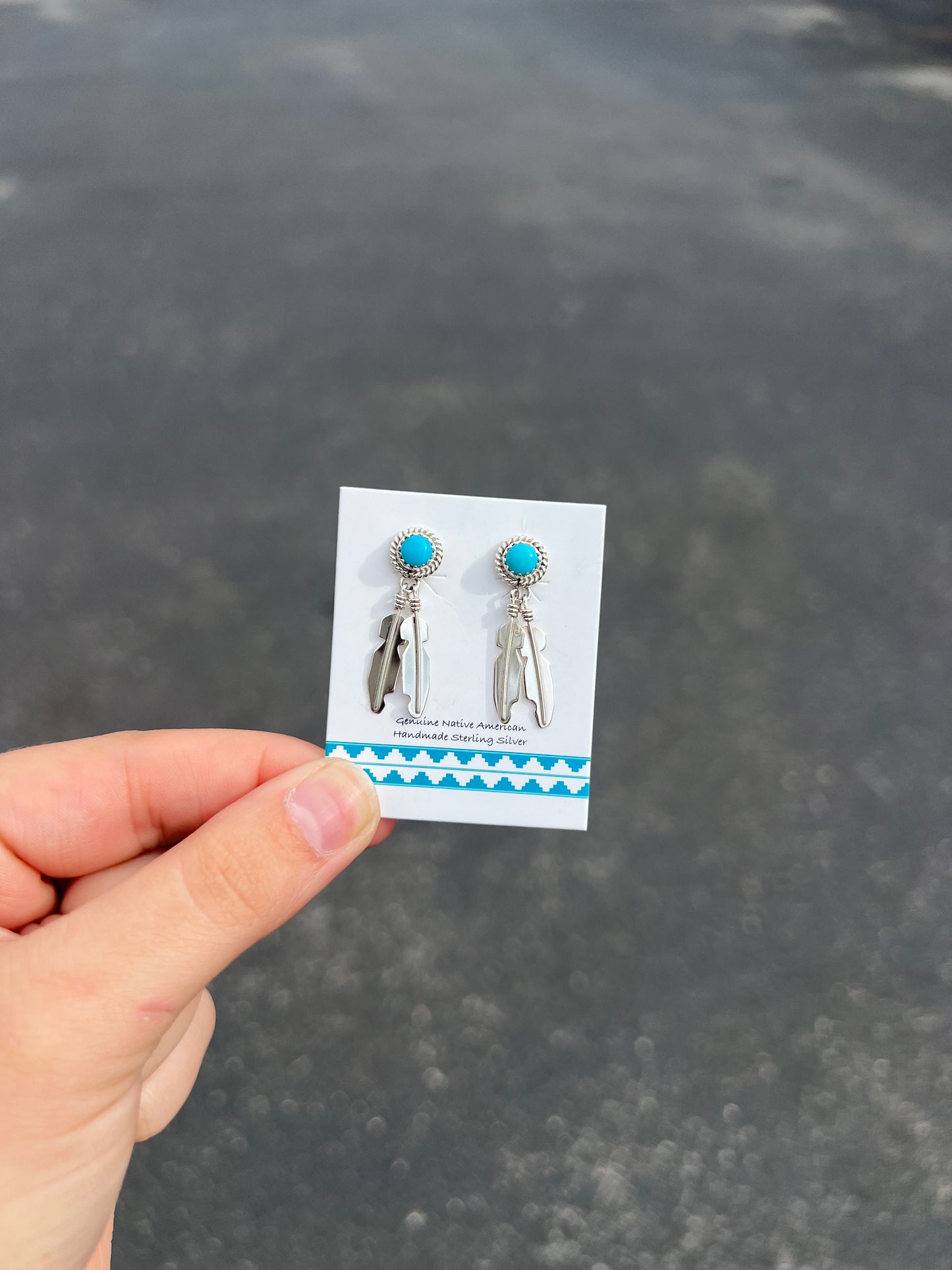 Genuine Kingman Turquoise Round Stud with Sterling Silver Feather Dangle Earrings