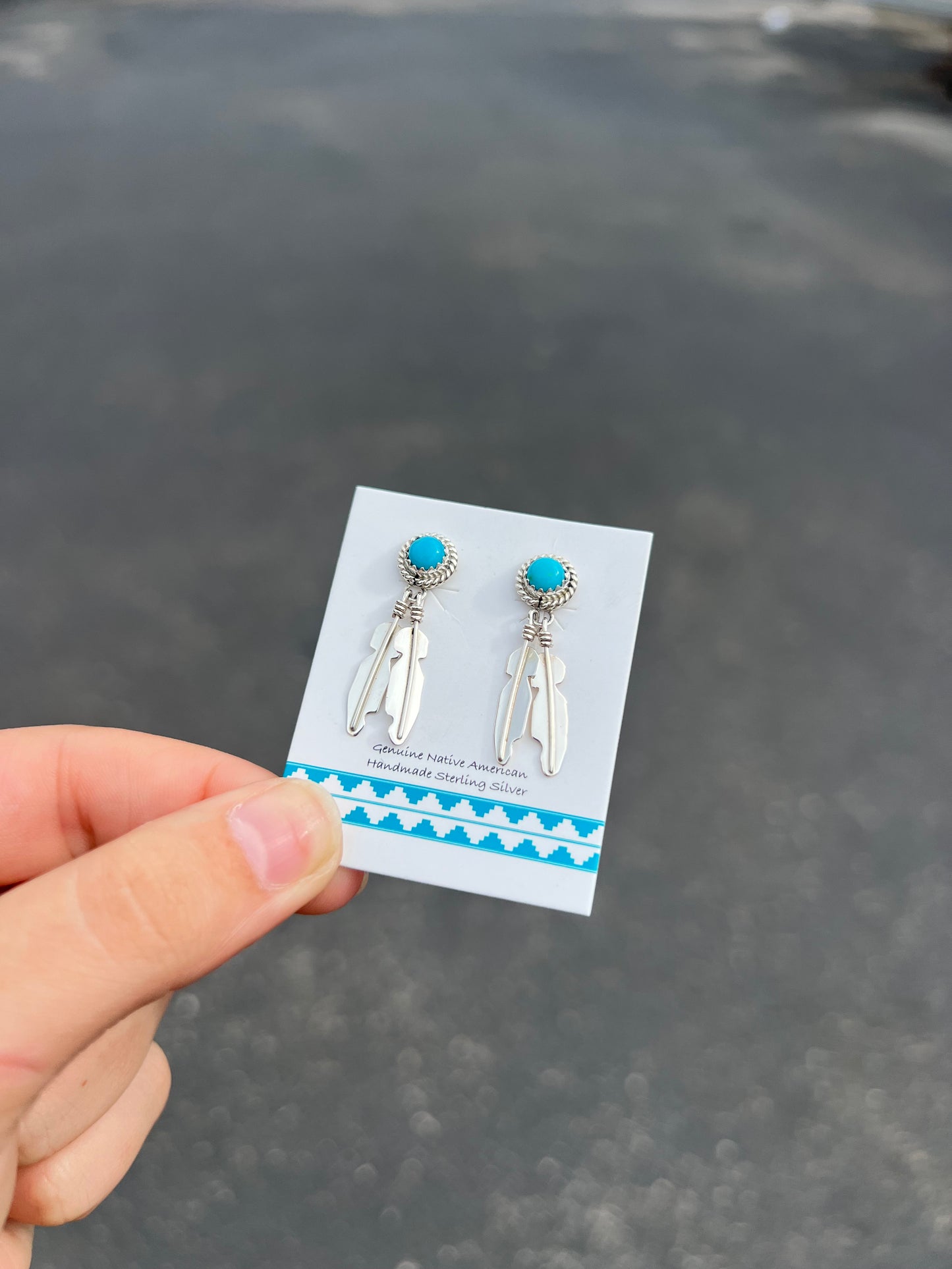 Genuine Kingman Turquoise Round Stud with Sterling Silver Feather Dangle Earrings