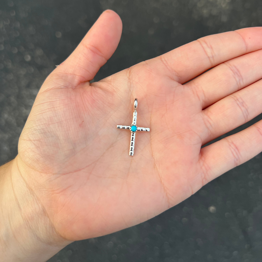 Genuine Turquoise Stud Stamped Sterling Silver Cross Pendant