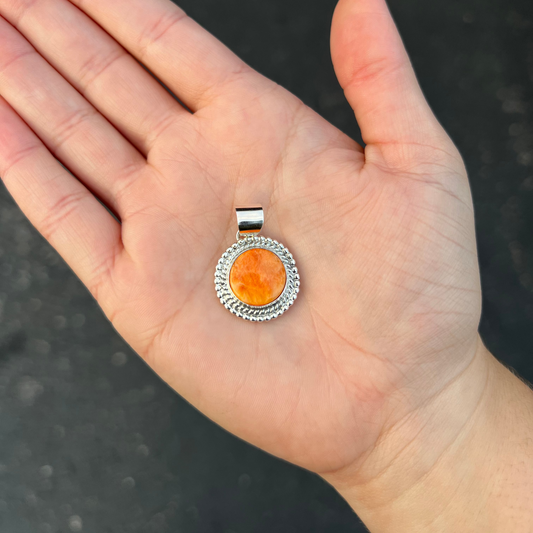 Genuine Orange Spiny Oyster Round Sterling Silver Pendant