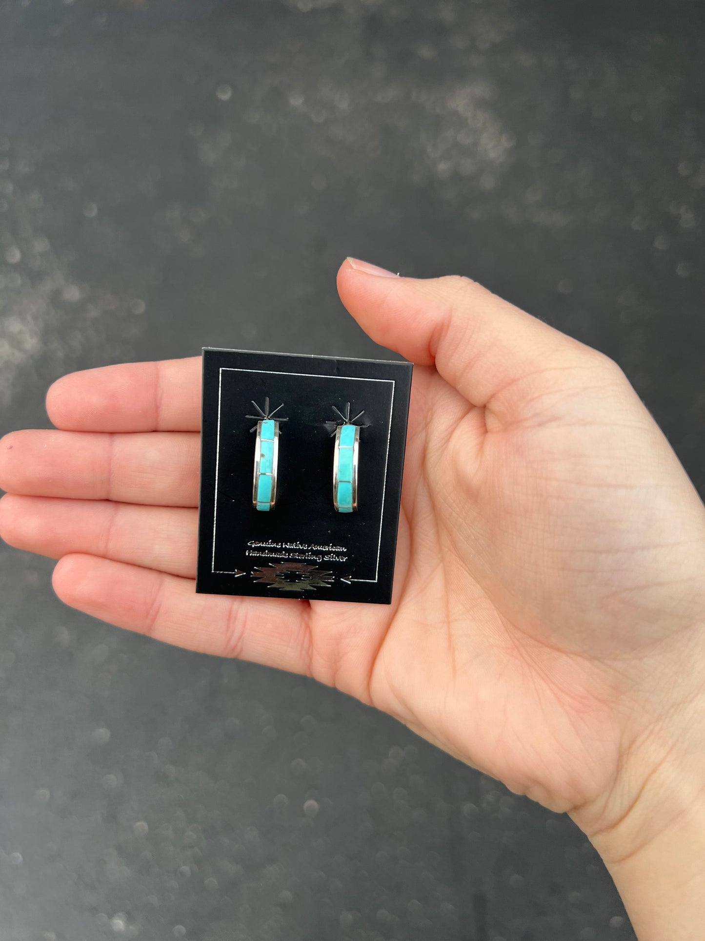 Genuine Turquoise 4 Stone Inlay Sterling Silver Hoop Earrings