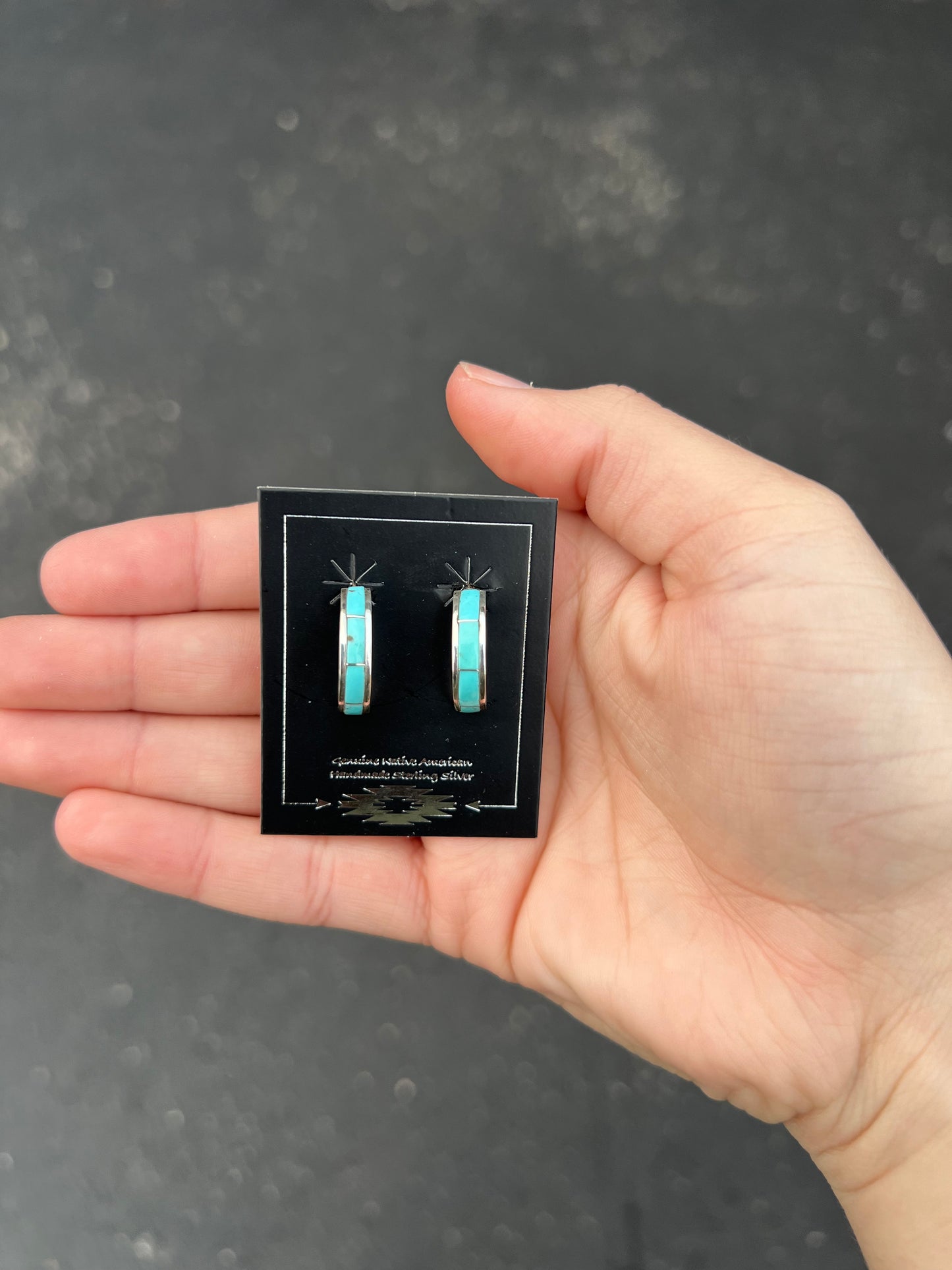 Genuine Turquoise 4 Stone Inlay Sterling Silver Hoop Earrings