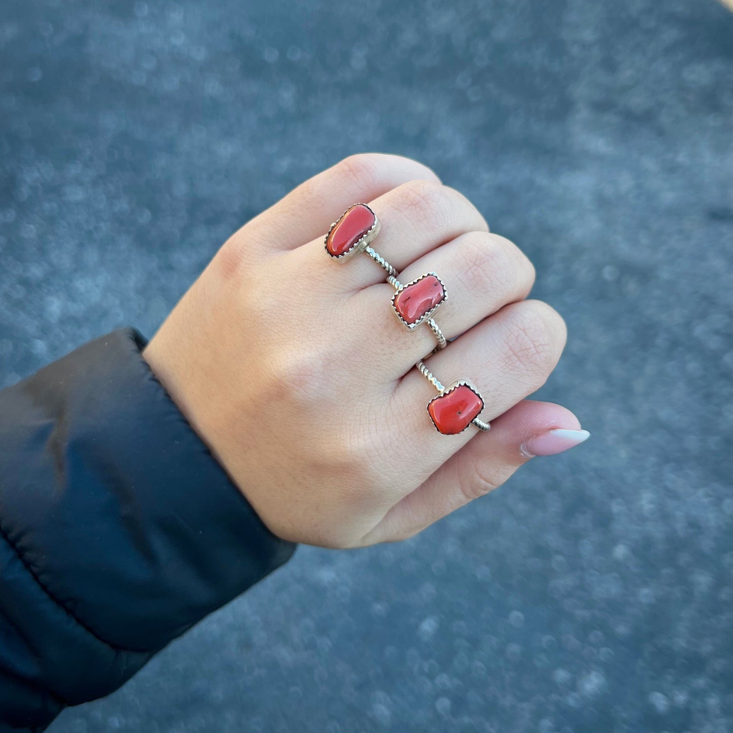 Genuine Coral Twisted Sterling Silver Ring