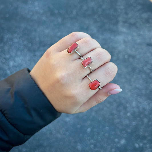 Genuine Coral Twisted Sterling Silver Ring