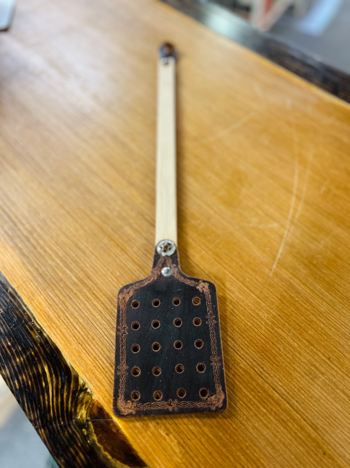 Local Amish Made Genuine Leather Fly Swatter with Wood Handle - Star and Barbwire
