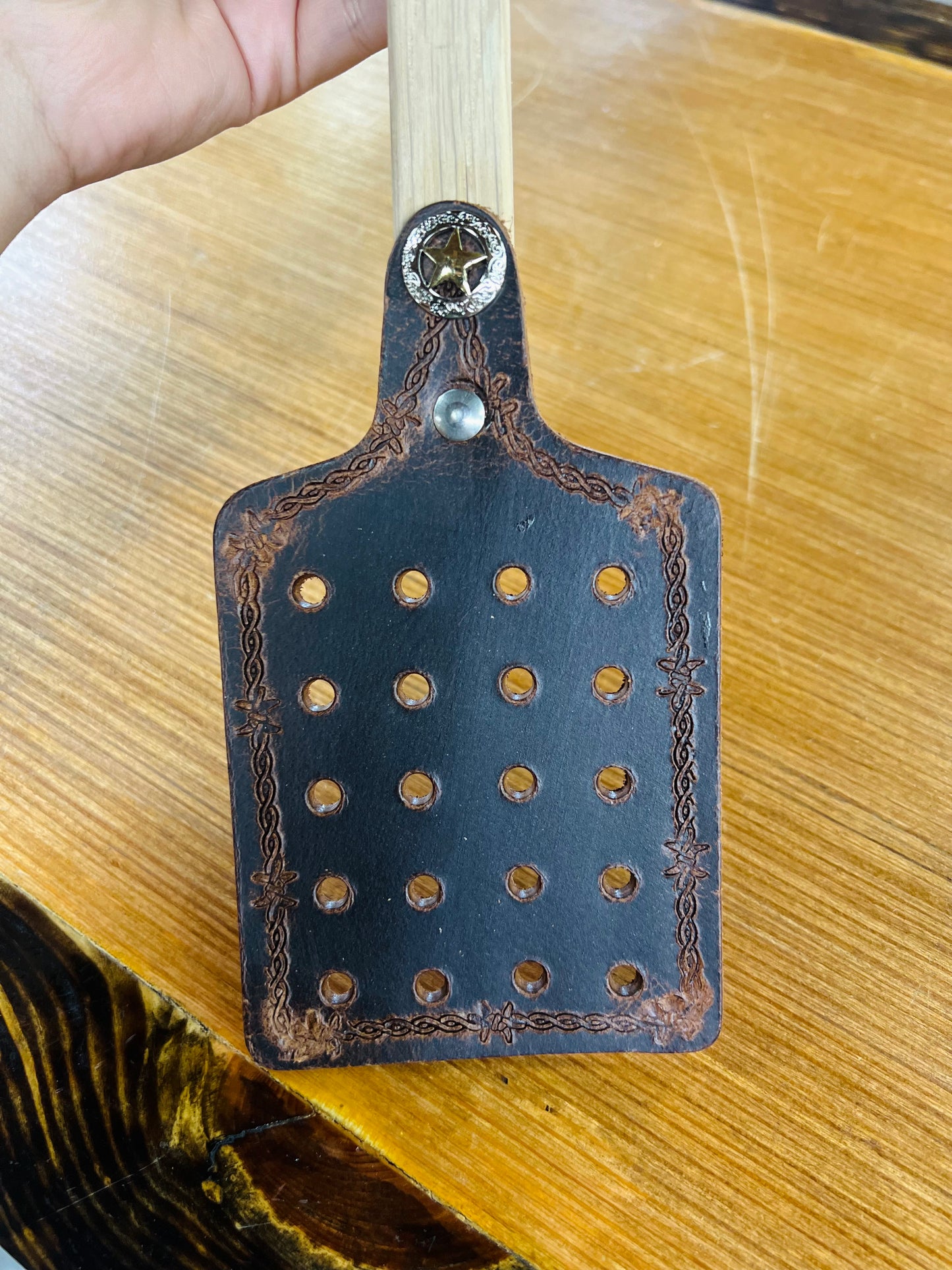 Local Amish Made Genuine Leather Fly Swatter with Wood Handle - Star and Barbwire