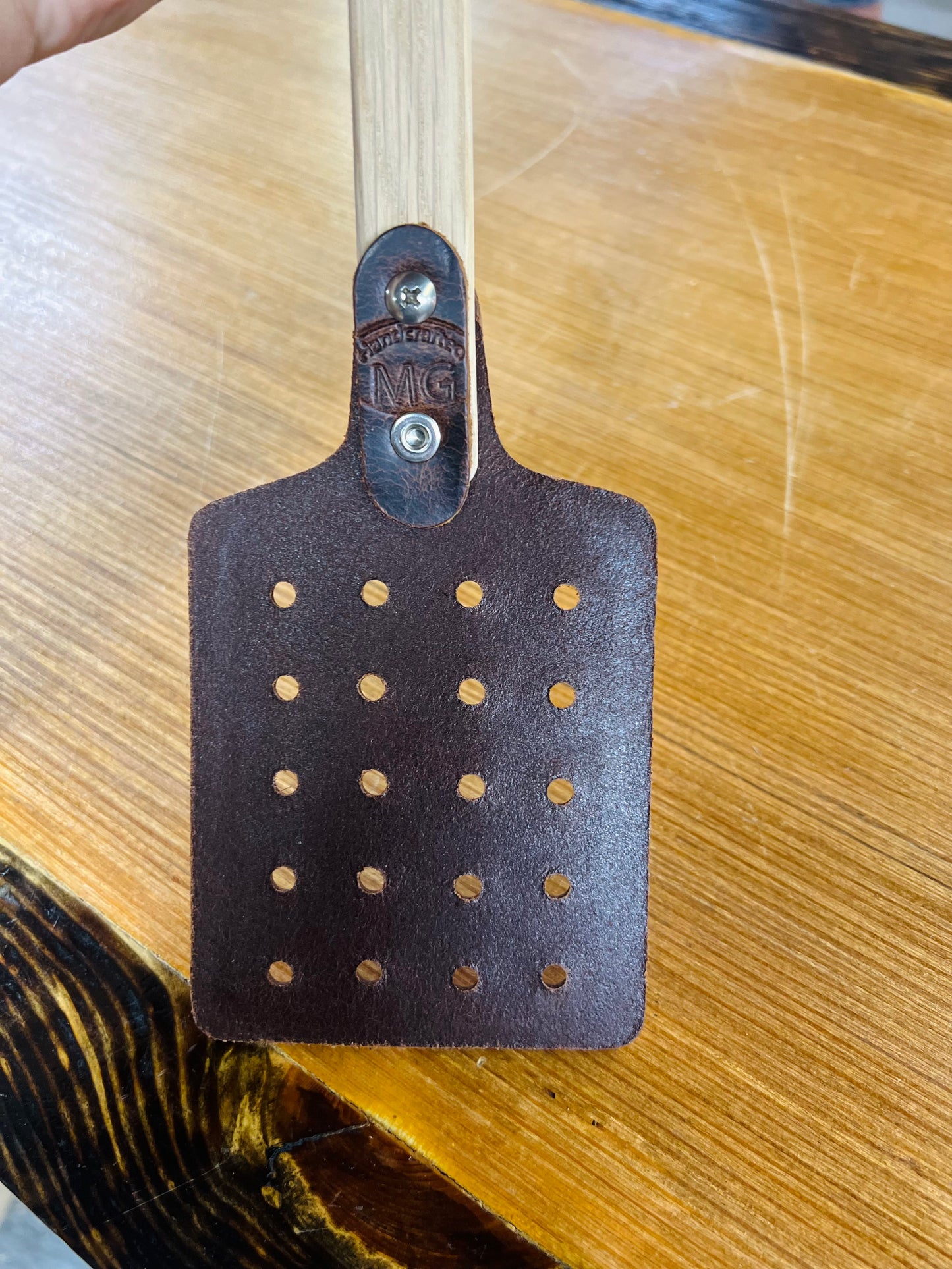 Local Amish Made Genuine Leather Fly Swatter with Wood Handle - Star and Barbwire