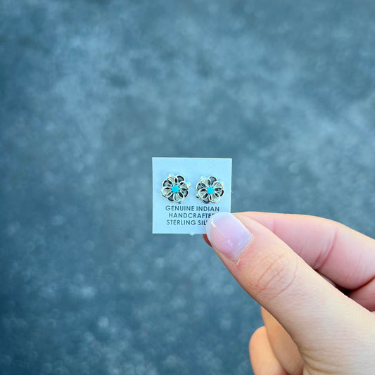 Zuni Sterling Silver Flower Turquoise Stud Earrings