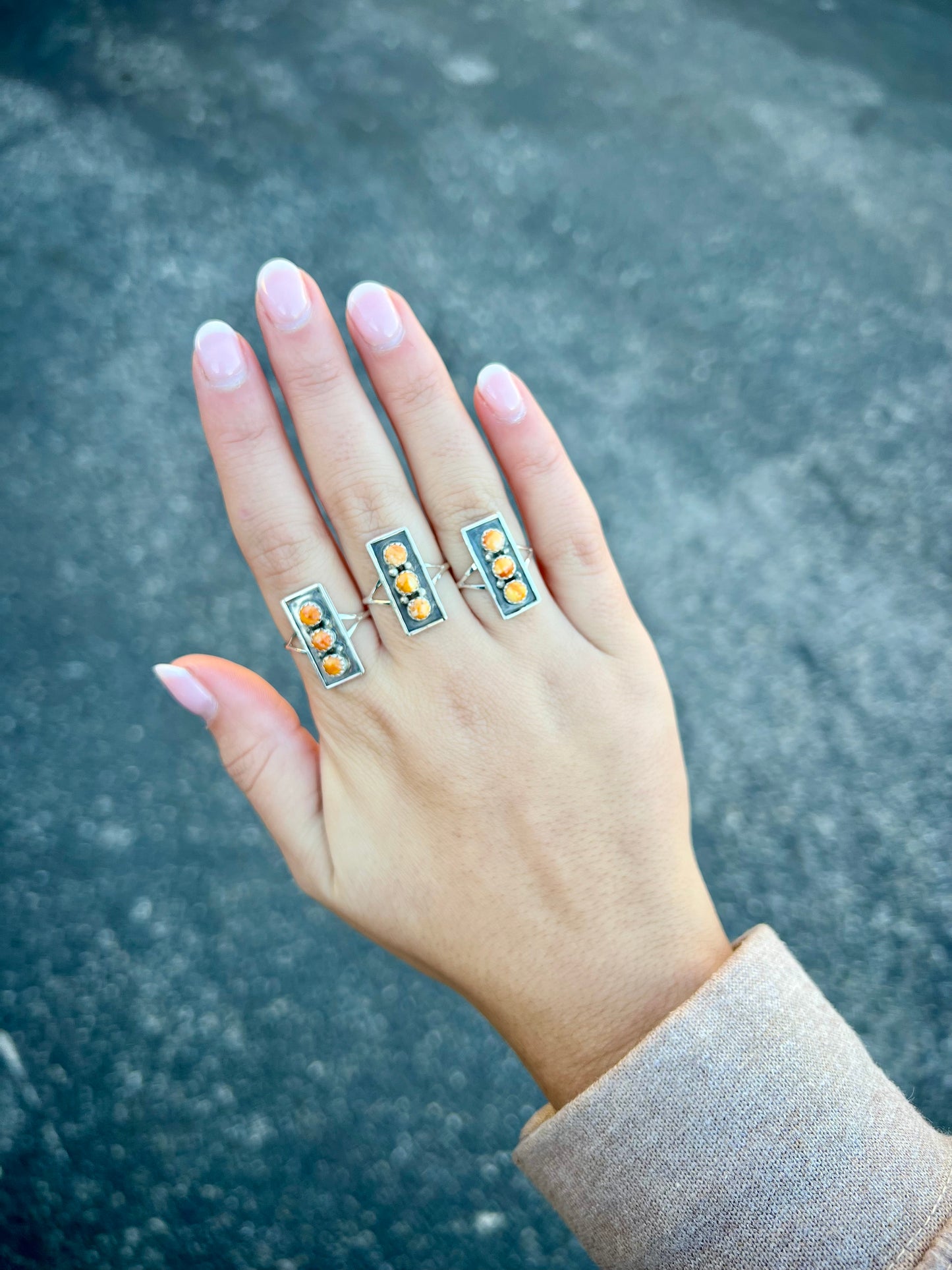 3 Stone Orange Spiny Oyster Sterling Silver Bar Ring