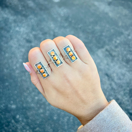 3 Stone Orange Spiny Oyster Sterling Silver Bar Ring