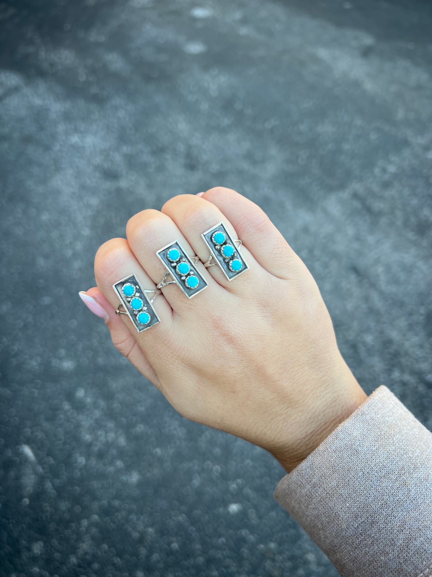 3 Stone Genuine Turquoise Sterling Silver Bar Ring