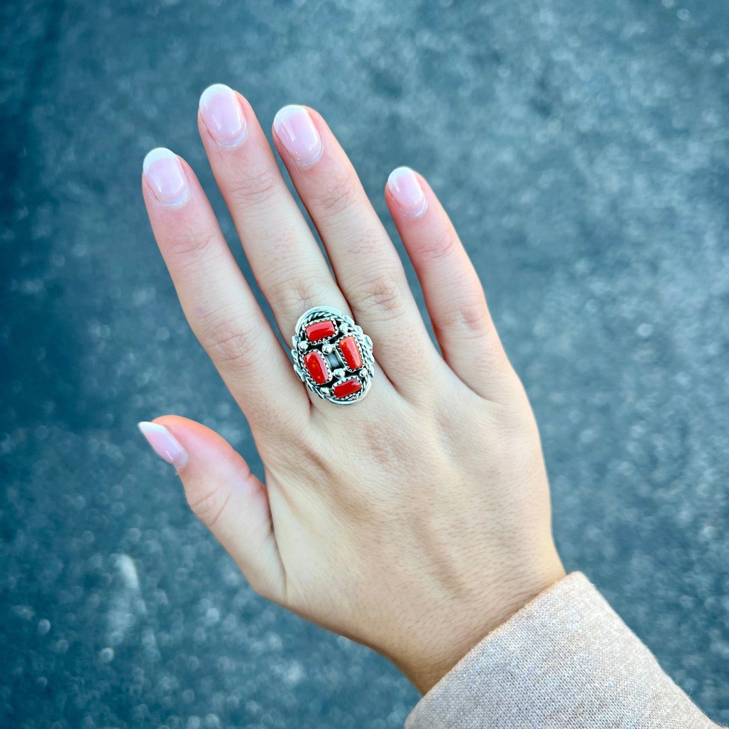 4 Stone Coral Cluster Sterling Silver Ring