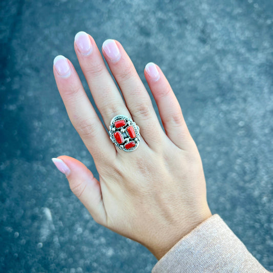 4 Stone Coral Cluster Sterling Silver Ring